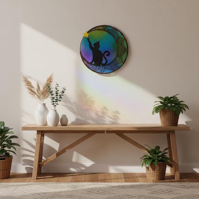 VEWOSTAR 11.8”Stained Glass Window Hanging Round Cat Sun Catchers with Star | Handmade Metal Frame Suncatcher for Window Stained Glass Panels for Wall Garden Decor