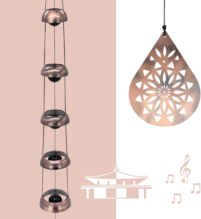36" Copper Temple WindChimes with 5 Bells, Melodious Zen Feng Shui Wind Bells for Outside, Memorial Wind Chime Sympathy Gift with Unique Teardrop Mandala Sail, Decorative Garden Decor for Yard Patio