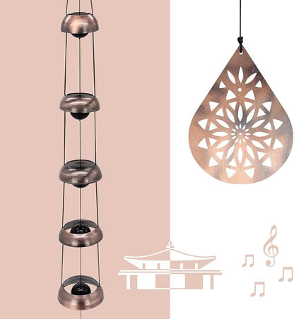 36" Copper Temple WindChimes with 5 Bells, Melodious Zen Feng Shui Wind Bells for Outside, Memorial Wind Chime Sympathy Gift with Unique Teardrop Mandala Sail, Decorative Garden Decor for Yard Patio