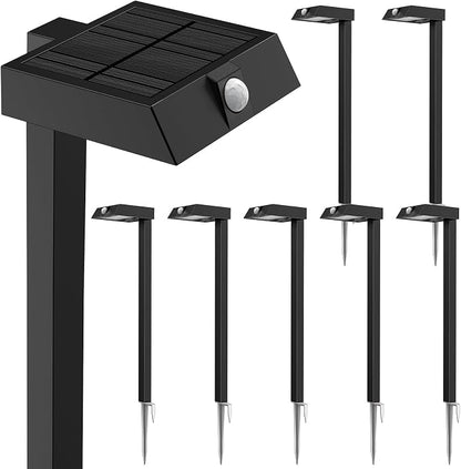 XMCOSY+ 8 Pack Solar Pathway Lights with Motion Sensor, 300LM Metal 3 Modes Solar Lights Outdoor for Garden, Backyard, Yard (Warm/Cool White)