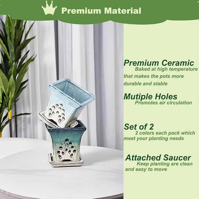 Ceramic Orchid Pots with Holes attached Saucers 4.8 Inches - Set of 2 Small Square Orchid Pots for Repotting, Decorative Ceramic Orchid Planter with Hole for Healthy Root Growth Green Blue Mixed