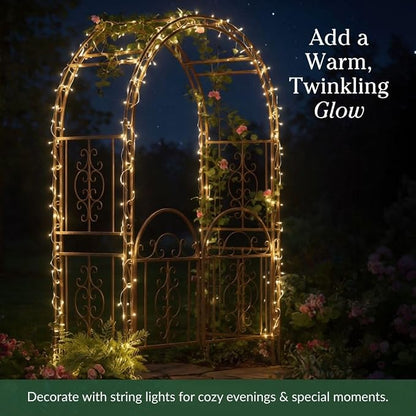 Plow & Hearth Arch Metal Outdoor Garden Arbor Double Gate | Montebello | 7 Feet Tall | Gunmetal Black | Steel Iron Trellis Lattice Climbing Plants & Heavy Vines