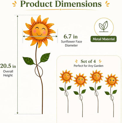 4 Pack Smiley Sunflower Decorative Garden Stakes, 20.5 Inch Metal Flower Garden Stakes for Outside, Yard Art Outdoor Decor for Lawn Planter Porch Patio