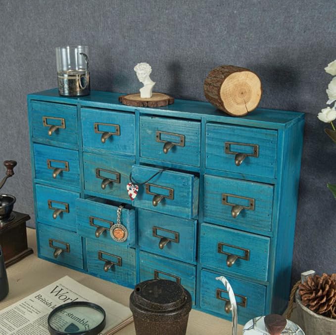 Apothecary Drawers Apothecary Cabinet with Drawers, Blue | 16 Drawer Library Card Catalog, Wooden Storage Box, Wooden Desktop Organizer with Metal Handles-Fulled Assembled