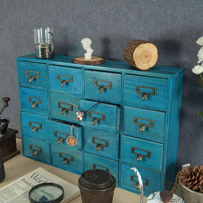Apothecary Drawers Apothecary Cabinet with Drawers, Blue | 16 Drawer Library Card Catalog, Wooden Storage Box, Wooden Desktop Organizer with Metal Handles-Fulled Assembled