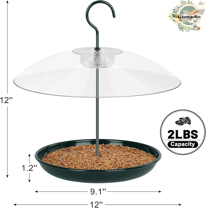 Gtongoko Platform Bird Feeder for Outdoors Hanging with 12” Weatherproof Dome, Squirrel-Resistant Metal Tray, 2 Lbs Seed Capacity, 360° Multi-Bird Feeding, Green