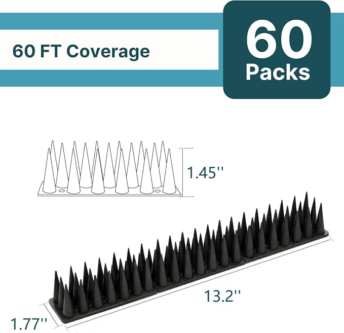 Bird & Animal Deterrent Spikes, 60 Packs Outdoor Plastic Spike Strips for Roof, Ledges, Fence, Walls & Railing, Humane Squirrel, Raccoon & Pigeon Barrier, 60 FT Coverage, Black