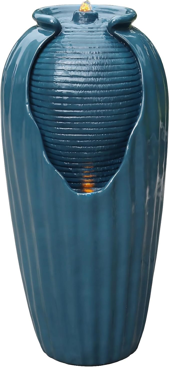 Teamson Home 32 in. Outdoor Contemporary Glazed Contoured Vase Water Fountain with LED Lights to Create a Calming Oasis in Gardens and Landscaping, on Patios, Balconies, Lawns, Teal Blue | Freestanding Floor Feature, Built-In LED Light, Glossy Teal Blu...