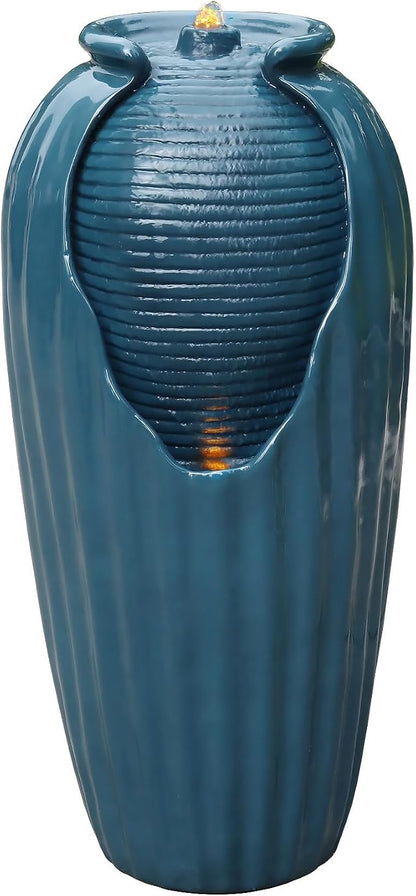 Teamson Home 32 in. Outdoor Contemporary Glazed Contoured Vase Water Fountain with LED Lights to Create a Calming Oasis in Gardens and Landscaping, on Patios, Balconies, Lawns, Teal Blue | Freestanding Floor Feature, Built-In LED Light, Glossy Teal Blu...