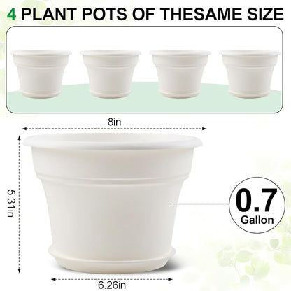 Pottiffe 8 Inch Plastic-Flower Pot-for-Indoor Plants, 4 Pack Large Outdoor Planter Pot with Drainage Holes & Saucers, Resin Decorative Garden Pots Planters