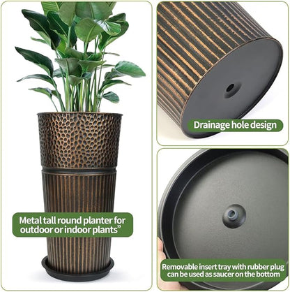 2 Pcs Pack 25 Inches Metal Tall Tapered Planter Pots Large Galvanized Steel Round Planter Flower Pot with Drainage Holes for Indoor Outdoor Deck Porch Garden Home Patio Front Door (antique copper, M)