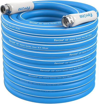 FEVONE Kink Free Garden hose 100 ft, Heavy Duty Water Hose | Drinking Water Safe, Flexible Lightweight Hybrid Polymer, 5/8 ID, 600 PSI, Leak-Free, Aluminum 3/4 GHT Connectors