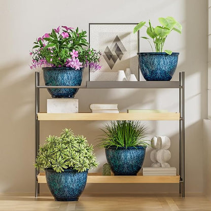 Vanslogreen 8 Inch Glazed Plastic Plant Pots, Set of 4 Planters with Drainage Holes - Indoor/Outdoor Flower Pots for Succulents, Herbs, Home Decor(Blue)