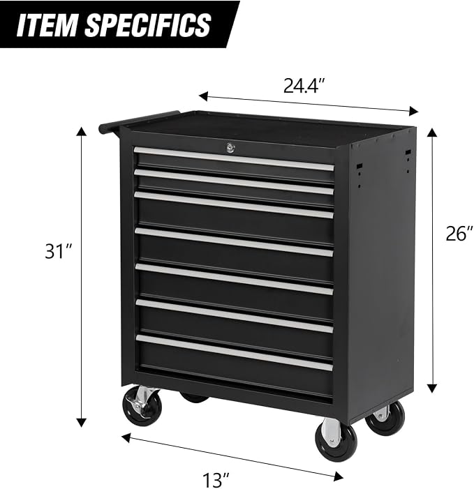 Tool Chest, 7-Drawers Rolling Tool Box with Rotate Handle & Wheels, Lockable Multifunctional Tool Cart, Suitable for Garages, Workshop, Warehouse,