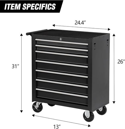 Tool Chest, 7-Drawers Rolling Tool Box with Rotate Handle & Wheels, Lockable Multifunctional Tool Cart, Suitable for Garages, Workshop, Warehouse,