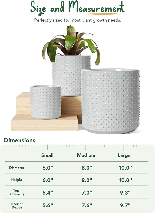 LE TAUCI 10+8+6 Inch Ceramic Pots for Plants, Indoor Planters with Drainage Hole and Plug, Raised Dots Cylinder Flower Pots Set of 3 for Office and Living Room, Glossy, Star Gray
