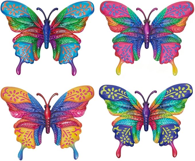 dreamskip 4 Pcs Butterfly Wall Decor Art, Metal Butterflies Outdoor Wall Art with Colorful Leaves, Hand Painted Outdoor Decor For Garden, Yard, Fence, Patio Decoration