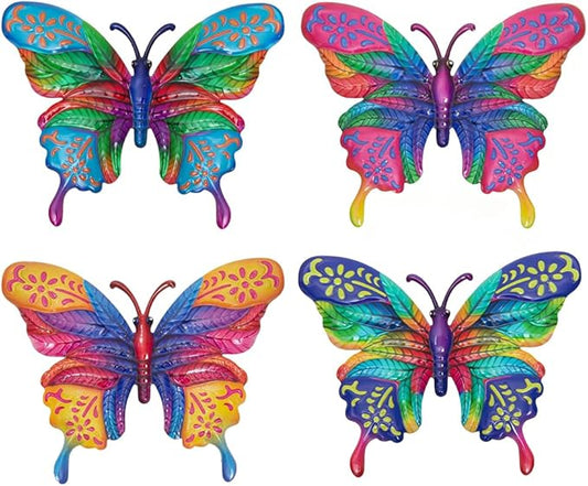dreamskip 4 Pcs Butterfly Wall Decor Art, Metal Butterflies Outdoor Wall Art with Colorful Leaves, Hand Painted Outdoor Decor For Garden, Yard, Fence, Patio Decoration