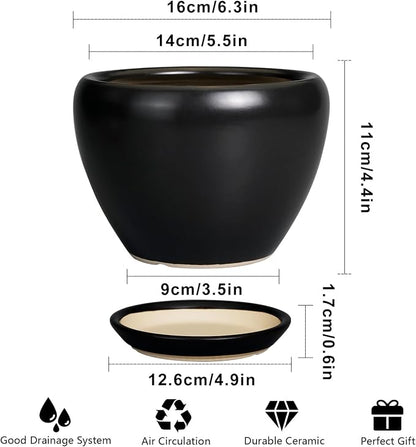 Ceramicfor Ceramic Planter Pot - 6 Inch Plant Pot with Drainage Hole and Saucer Round Planter for Indoor Plants Outdoor Succulent Pot Modern Flower Pot for Home Decor Black