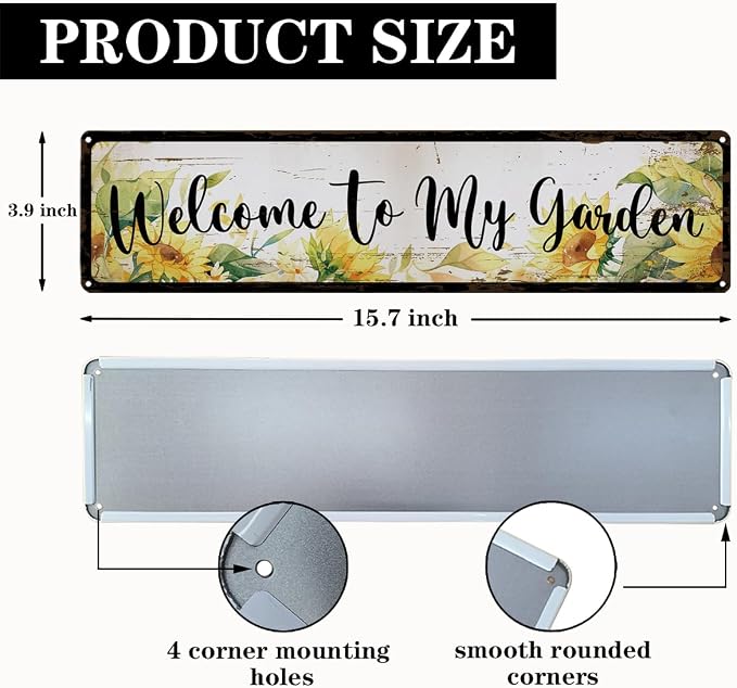 Rustic Garden Signs, Welcome to My Garden Sign, Sunflower Floral Vintage Farmhouse Outdoor Wall Art, for Porch Patio Fence Door, Ideal for Gardening Lovers, 15.7 x 3.9 Inches
