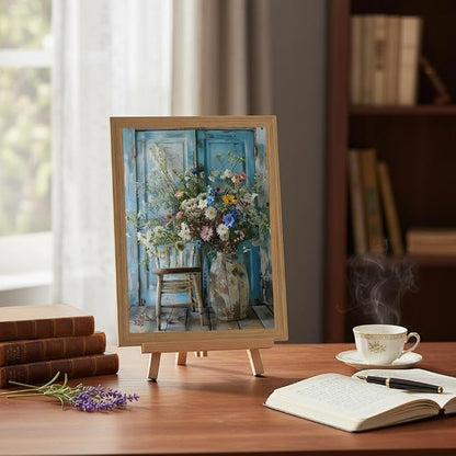 Vintage Wildflower Bouquet Wall Art Framed Canvas, Rustic Floral Still Life Vase Painting with Blue Door Background, Farmhouse Cottagecore Flower Decor Picture for Living Room Bedroom Bathroom 16x12 Inch