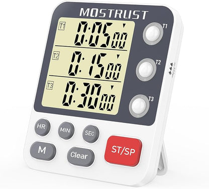 Digital Dual Kitchen Timer, 3 Channels Countdown Triple Timer for Cooking, Magnetic Memory-Preset Large Display Adjustable Alarm Volume, Multi Times Management, 3A Battery Included, White