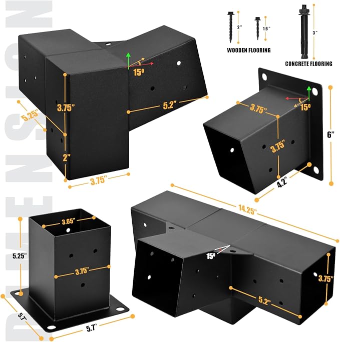Pergola Kit, 15° 3-Way Slanted Roof Pergola Bracket Set, Roof Wall Mount Extension Bracket 4" x 4" (Actual 3.5" X 3.5") - Set 9