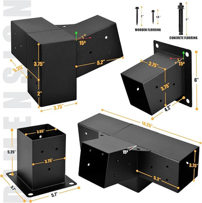 Pergola Kit, 15° 3-Way Slanted Roof Pergola Bracket Set, Roof Wall Mount Extension Bracket 4" x 4" (Actual 3.5" X 3.5") - Set 9