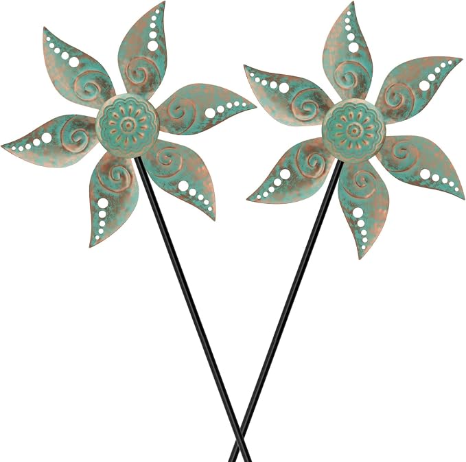 2 Pack Wind Spinners Outdoor Metal Vintage Green, Waterproof Wind Sculptures Garden Pinwheels & Decorative Stakes, Small Windmills for Yard Lawn Patio Outdoor Garden Decor (Type 35)