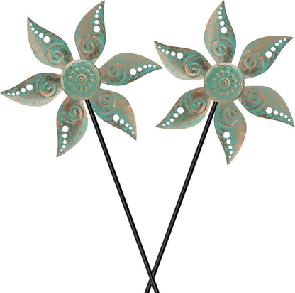 2 Pack Wind Spinners Outdoor Metal Vintage Green, Waterproof Wind Sculptures Garden Pinwheels & Decorative Stakes, Small Windmills for Yard Lawn Patio Outdoor Garden Decor (Type 35)