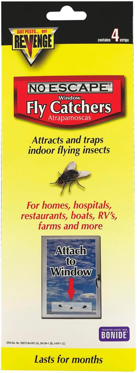 REVENGE No Escape Window Fly Catchers, Pack of 4 Non-Toxic Sticky Tape Strips for Indoor Use, Attract & Trap Insects