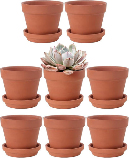 INGOFIN 4 Inch Terracotta Pots with Saucers, 8 Pack Shallow Clay Plant Pots with Drainage Holes for Succulents, Cactus, Herbs, Small Terra Cotta Pots for Indoor Outdoor, Set of 8