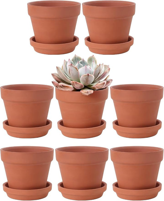 INGOFIN 4 Inch Terracotta Pots with Saucers, 8 Pack Shallow Clay Plant Pots with Drainage Holes for Succulents, Cactus, Herbs, Small Terra Cotta Pots for Indoor Outdoor, Set of 8