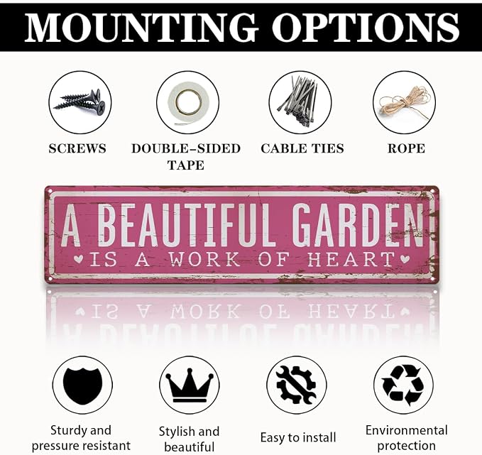Vintage Garden Metal Tin Sign, A Beautiful Garden Is A Work of Heart Sign, Vintage Farmhouse Wall Art, for Yard Fence Door Porch, Rustic Outdoor Gardening Decoration, 15.7 x 3.9 Inches