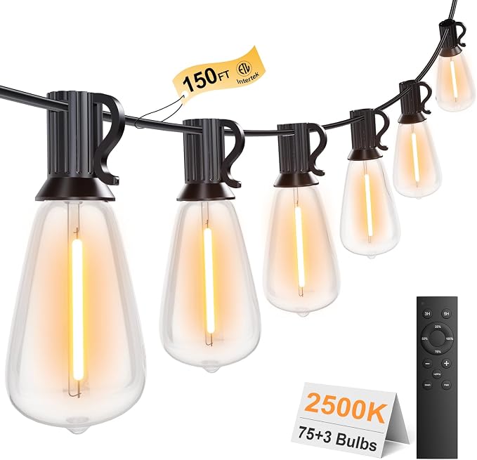 150FT Outdoor String Lights with Remote, Garden Patio Decor with 2500K Warm White, 75+3 LED Edison Bulbs, Support Timer Dimmable Waterproof Shatterproof for Yard Outside Porch Deck Backyard (24v)