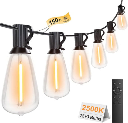 150FT Outdoor String Lights with Remote, Garden Patio Decor with 2500K Warm White, 75+3 LED Edison Bulbs, Support Timer Dimmable Waterproof Shatterproof for Yard Outside Porch Deck Backyard (24v)