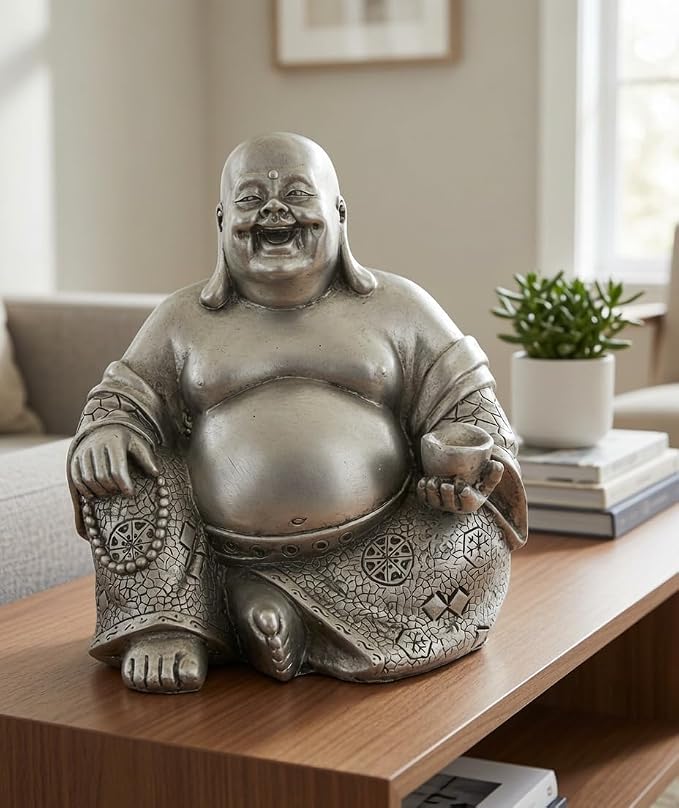 Bellaa Laughing Buddha Statue - 6 Inch Feng Shui Happy Monk Budai Hotei Figurine for Wealth, Luck & Happiness - Chinese Buddhist Zen Decor Silver Finish Resin 25761