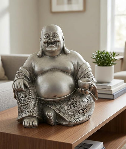 Bellaa Laughing Buddha Statue - 6 Inch Feng Shui Happy Monk Budai Hotei Figurine for Wealth, Luck & Happiness - Chinese Buddhist Zen Decor Silver Finish Resin 25761