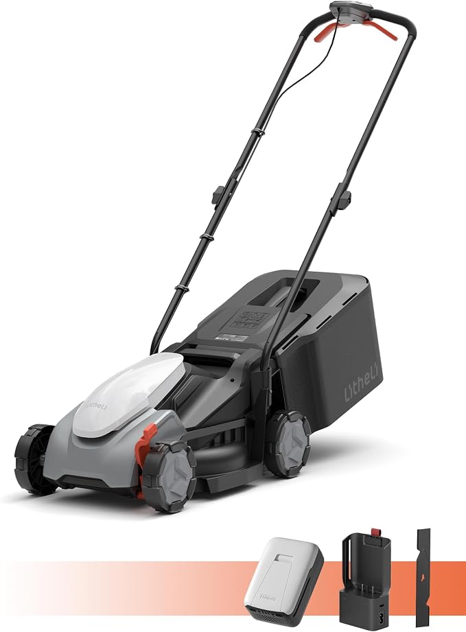 Litheli 14” Cordless Lawn Mower, 8.0Ah High Capacity Battery, Brushless Motor Push Mower, 5 Height Adjustments, 9 Gal Bag, Great for Mid to Large Lawns
