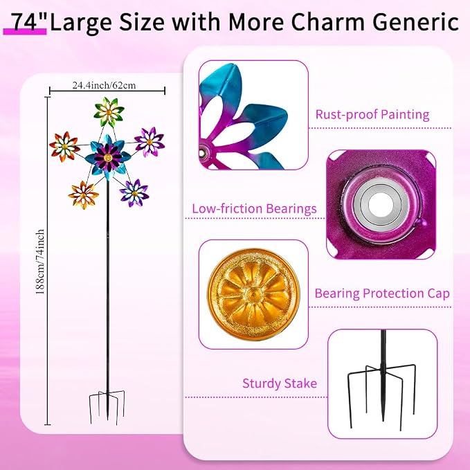 Stargarden Outdoor Kinetic Wind Spinner,Large Metal Wind Sculpture | Flower Metal Wind Spinners for Garden Yard Patio, 24.4"D*74"H