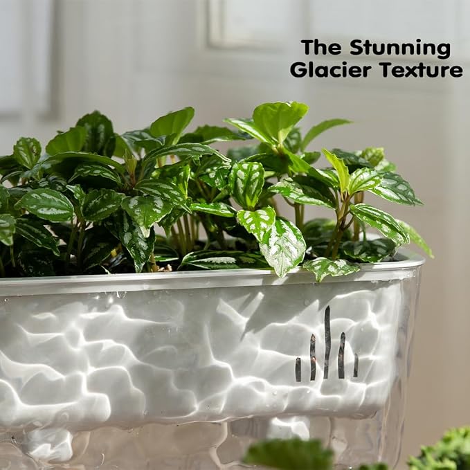 3 Pack Self Watering Rectangular Plant Pots, 11" x 5"x 5" Plant Containers with Drainage Holes, Rectangle Houseplant Window Planters for Succulents, Flowers,Herbs,Vegetables (Off-White)
