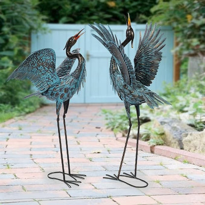 Natelf Garden Crane Sculptures & Statues, Blue Heron Decor Outdoor Large Bird Yard Art, Standing Metal Herons Lawn Ornaments for Home Patio Porch Backyard Decorations(Set of 2)