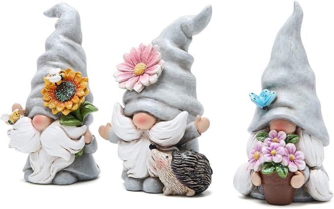 Hodao 3PCS Spring Garden Gnome Statues - Cute Resin Faceless Dwarf Figurines with Sunflower, Hedgehog & Butterfly - Outdoor Yard, Patio, Lawn, Porch & Indoor Shelves, Tiered Trays, Housewarming Gift