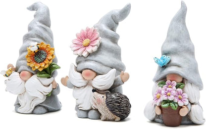 Hodao 3PCS Spring Garden Gnome Statues - Cute Resin Faceless Dwarf Figurines with Sunflower, Hedgehog & Butterfly - Outdoor Yard, Patio, Lawn, Porch & Indoor Shelves, Tiered Trays, Housewarming Gift