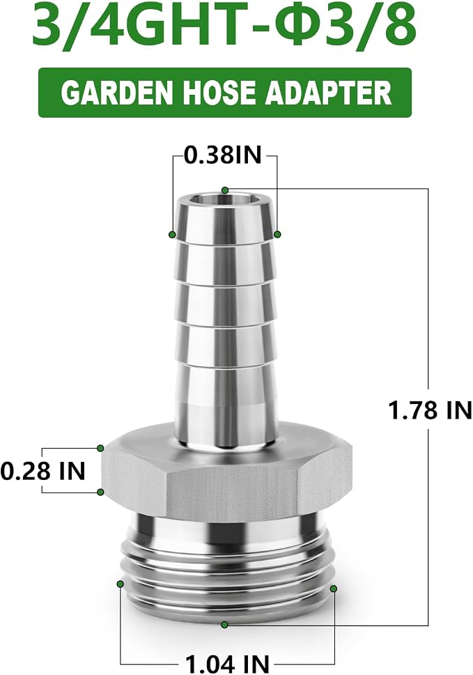 TAISHER 1PCS 304 Stainless Steel Garden Hose Repair Connector, 3/8" Barb x 3/4" GHT Male Garden Hose Adapter with Hose Clamps
