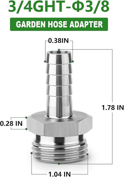 TAISHER 1PCS 304 Stainless Steel Garden Hose Repair Connector, 3/8" Barb x 3/4" GHT Male Garden Hose Adapter with Hose Clamps