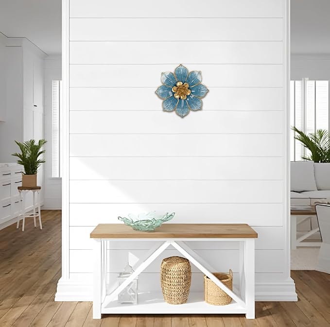 10" Metal Flowers Wall Decor, Blue & Gold 3D Floral Metal Wall Art Decor for Inoor & Outdoor Use, Vintage & Modern Walls Arts for Bathroom, Living Room, Bedroom, Office, Garden, Patio, Porch, 1 Piece