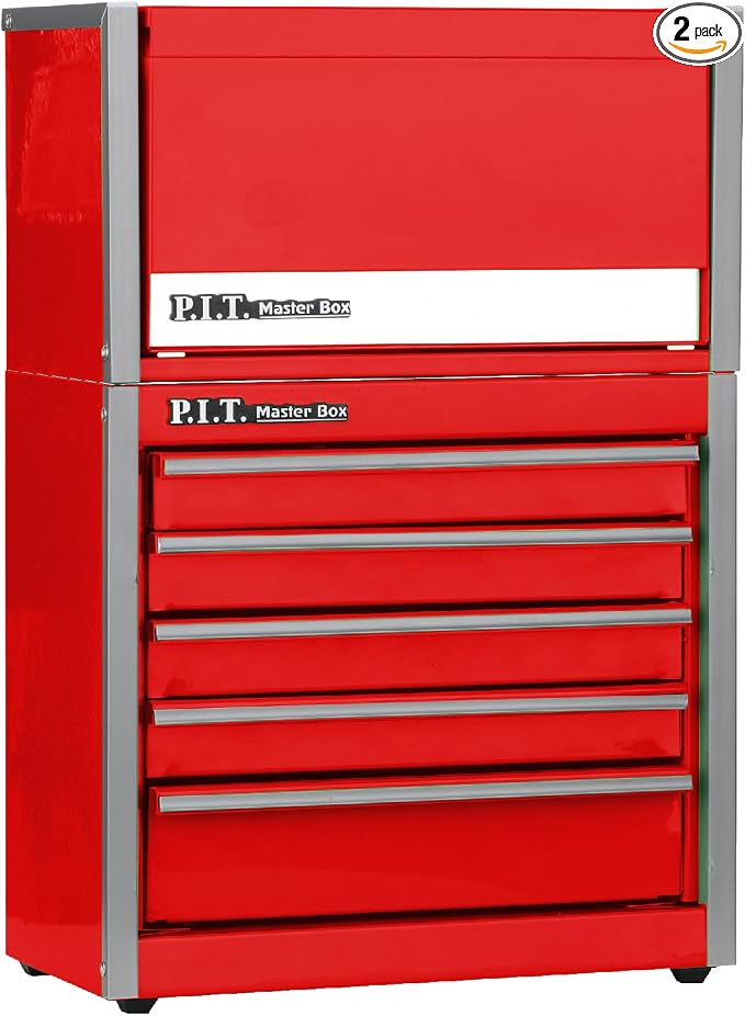 P.I.T. Mini Steel Tool Box,3 Drawer and 5 Drawer Stackable Toolbox with Magnetic Tab Locking,Red