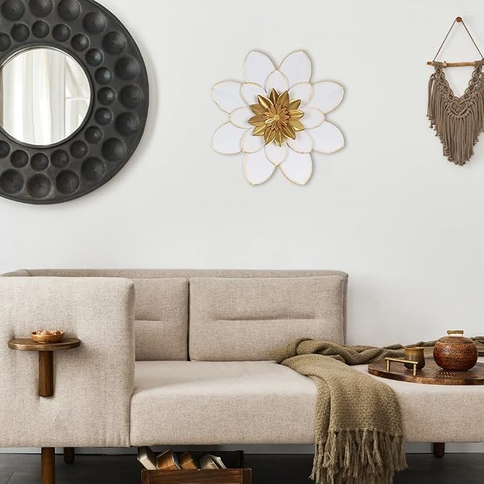 hogardeck Metal Flower Wall Decor, 16" White Gold Floral Metal Wall Art for Indoor Outdoor, Boho Farmhouse Modern Wall Decor for Bathroom, Living Room, Kitchen, Bedroom, Porch, Garden, Yard