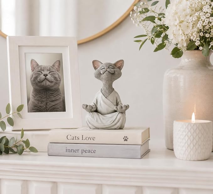 Meditating Happy Cat Statue – Zen Mindfulness Decor for Cat Lovers